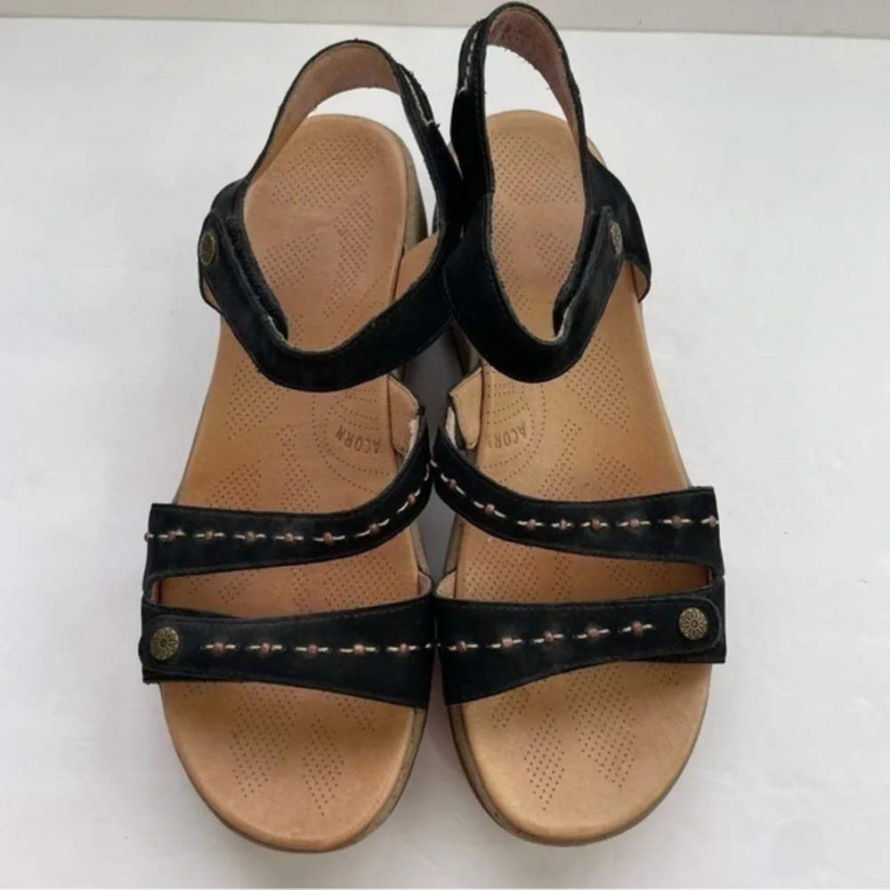 Acorn Black Vista Leather Beaded Wedge‎ Sandals